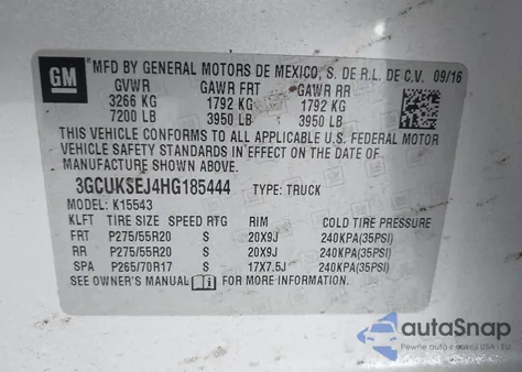 2017 Chevrolet Silverado 1500 2Lz из США, поврежденный, VIN 3GCUKSEJ4HG185444